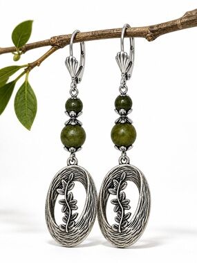 Green Stone Silver Dangle Earrings, Nature Leaf Oval Drops